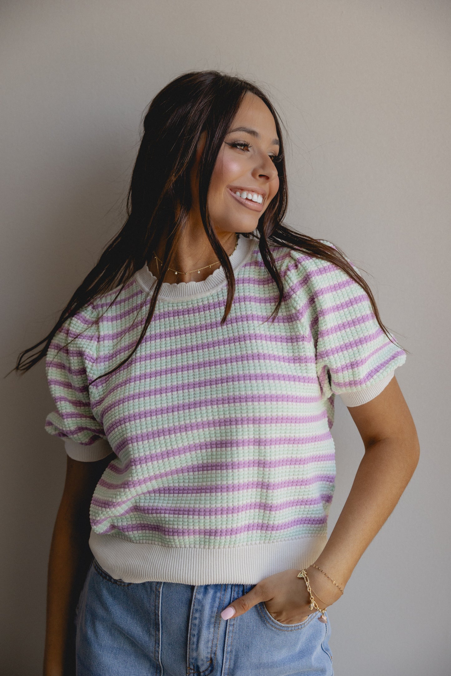 Invited Stripe Knit Top Lilac