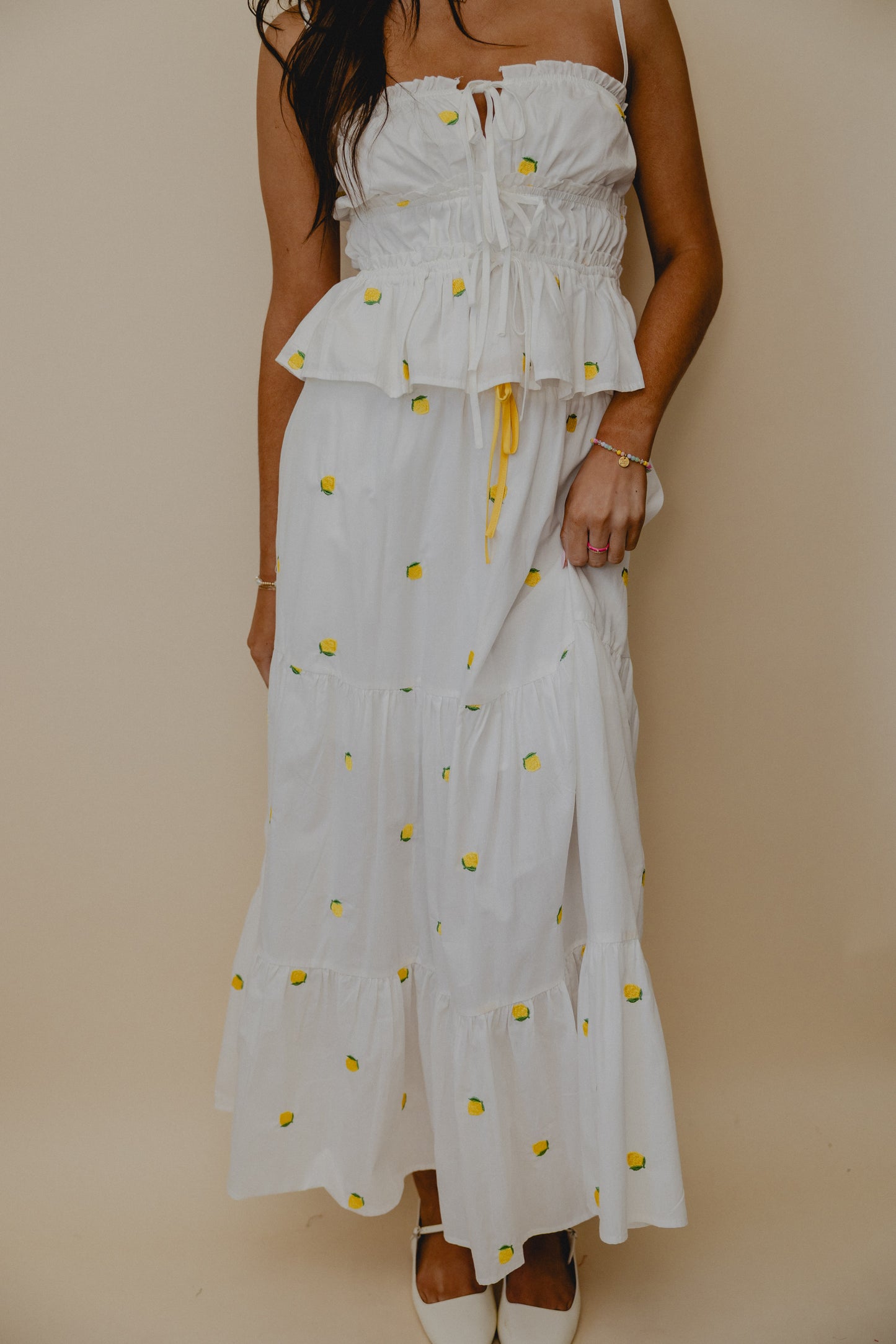 Pucker Up Embroidered Maxi Skirt Lemon