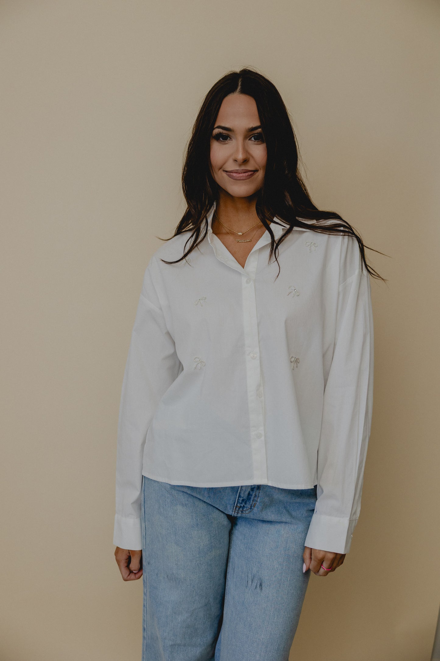 Inspo Board Gem Bow Blouse White