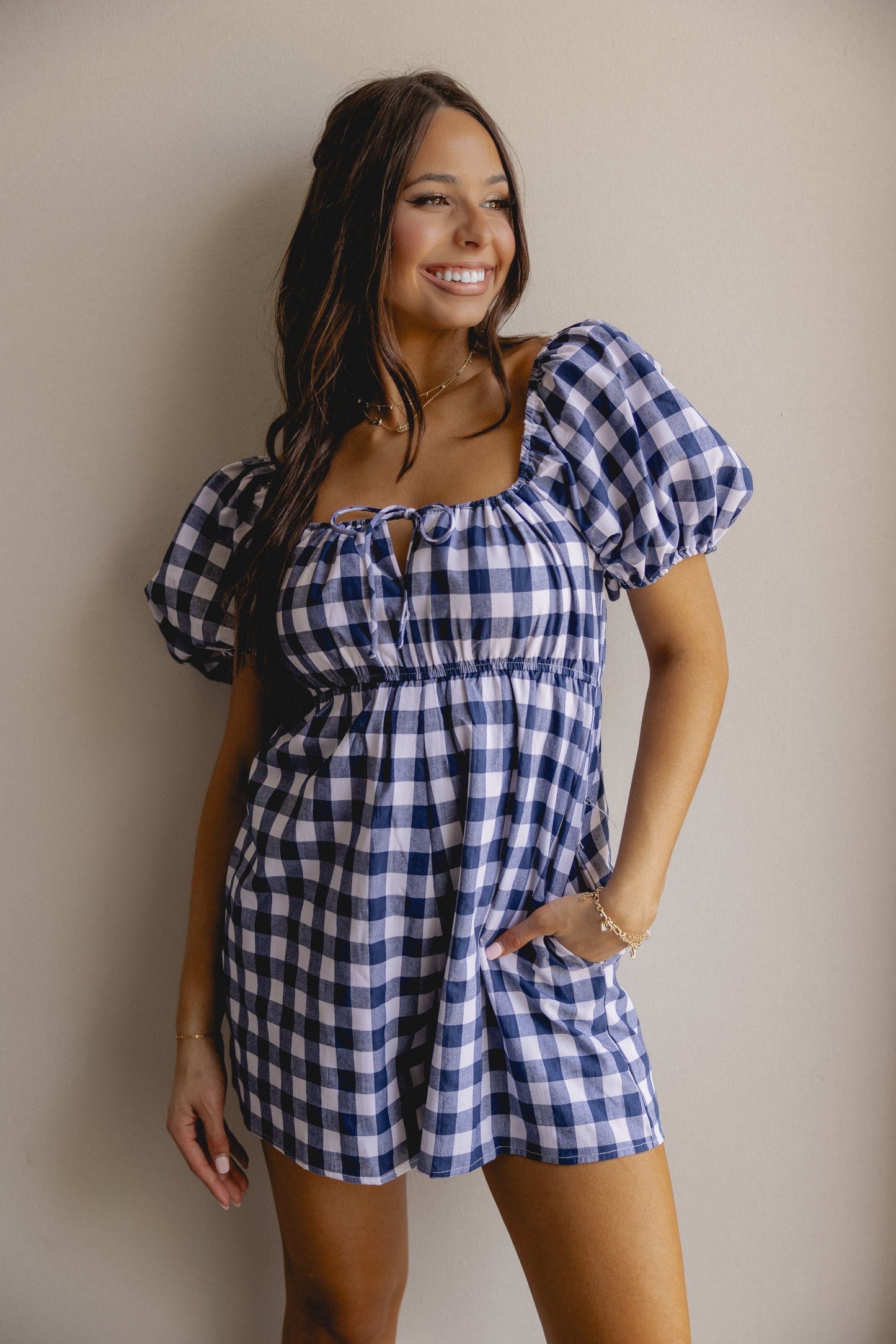 Songs About You Gingham Romper Navy