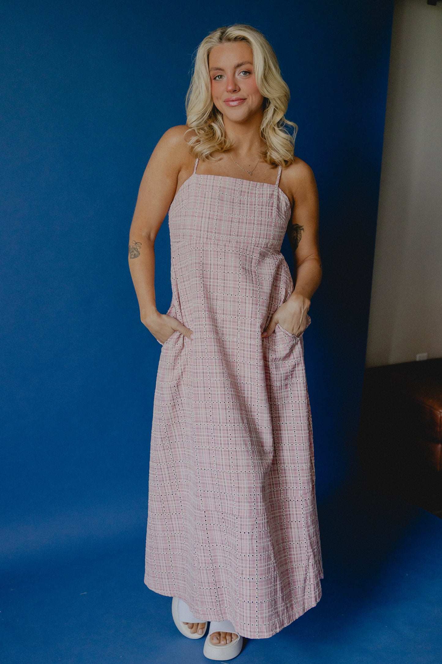 Cafe Pari Gingham Maxi Dress Pink