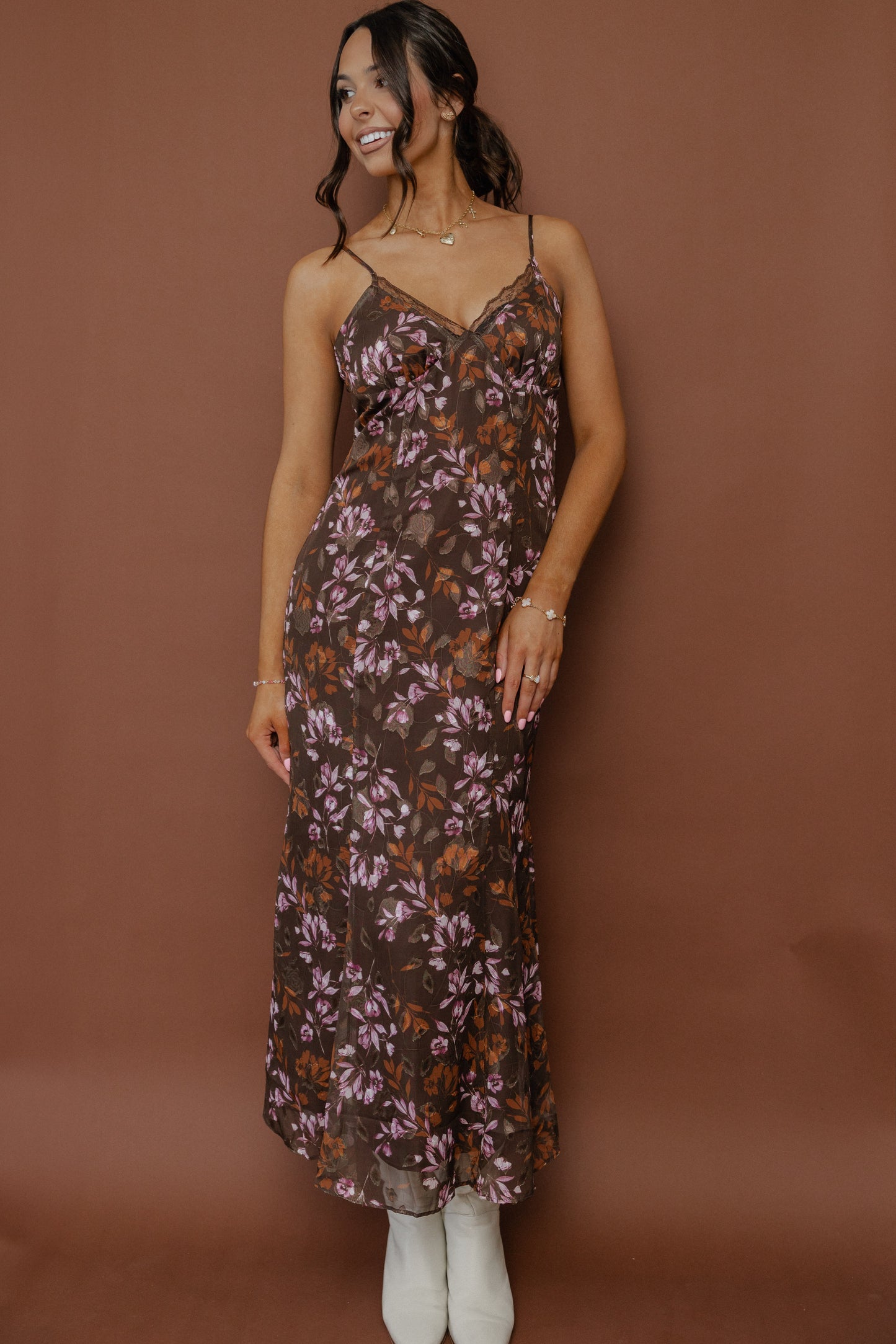 Celebrate Her Lace Trim Dress Brown