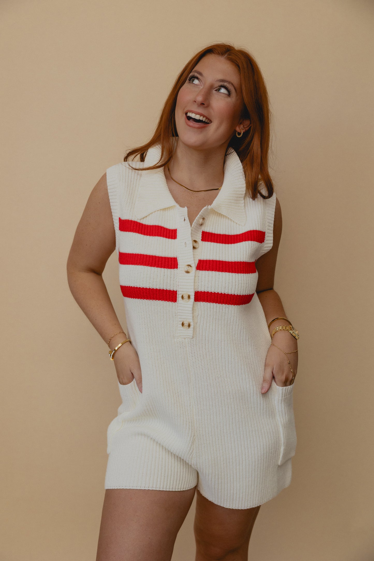 Pier Party Stripe Knit Romper White/Red