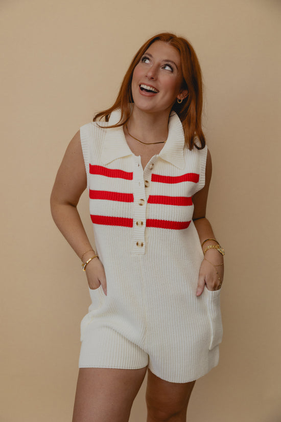 Pier Party Stripe Knit Romper White/Red
