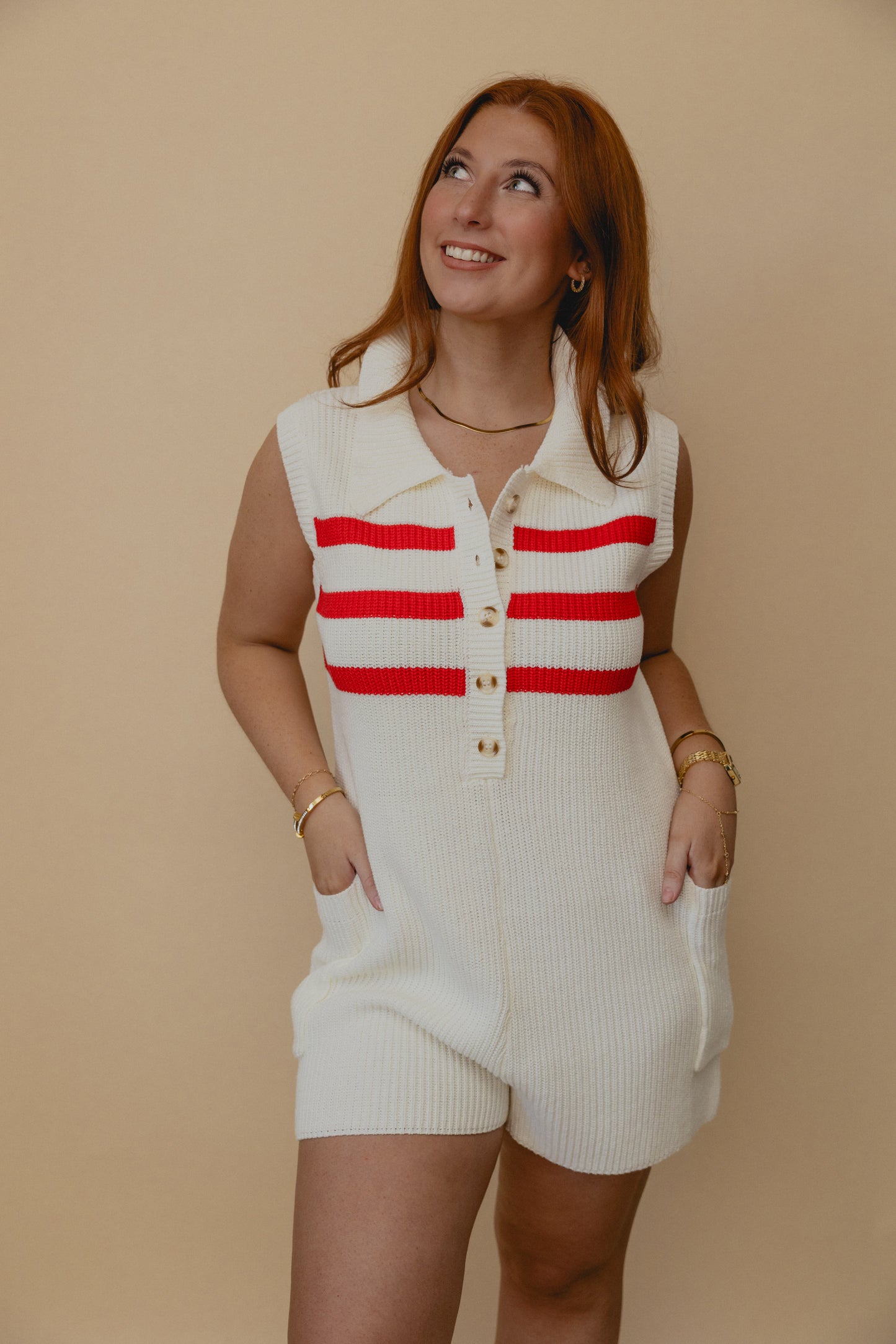 Pier Party Stripe Knit Romper White/Red