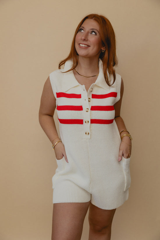 Pier Party Stripe Knit Romper White/Red