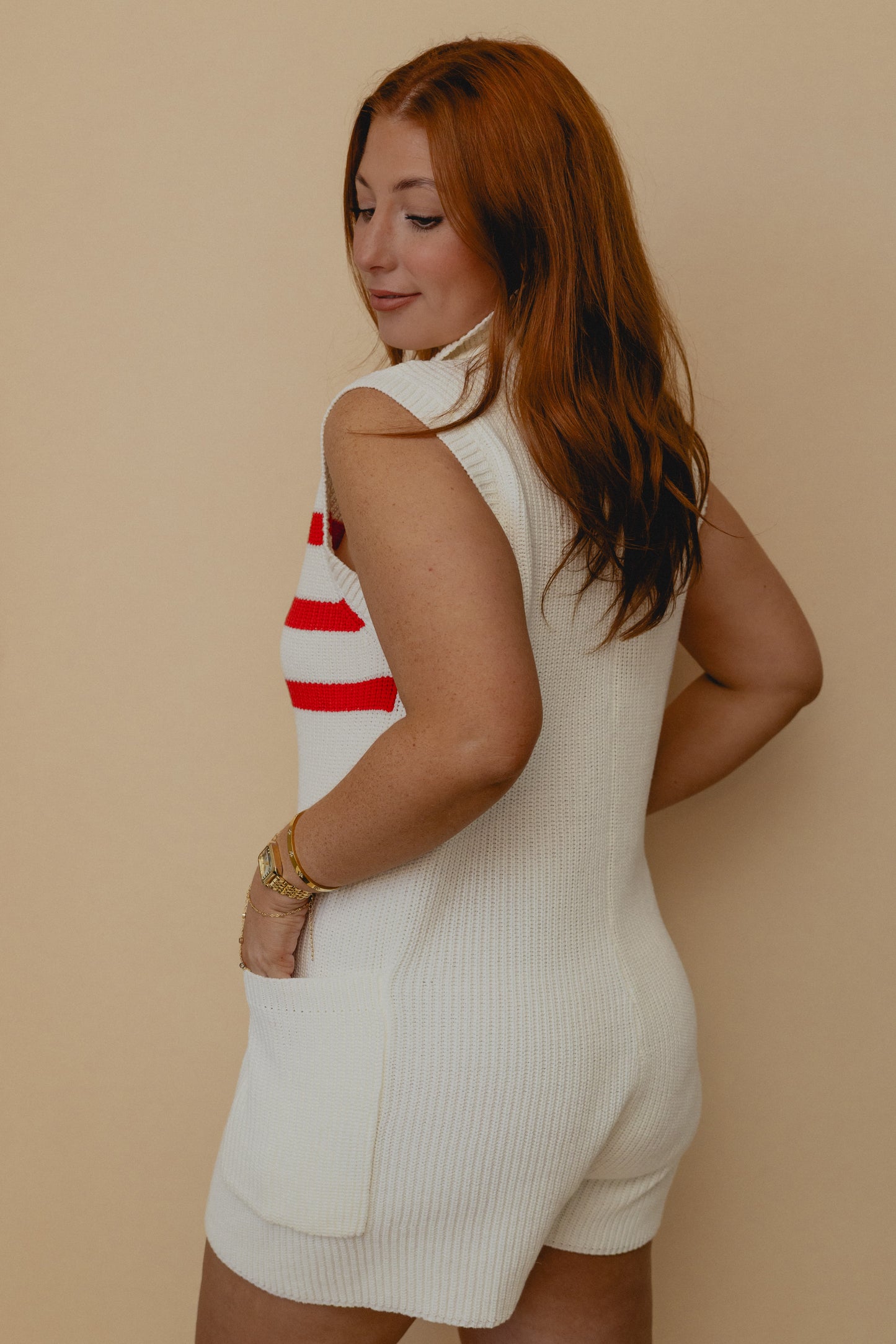 Pier Party Stripe Knit Romper White/Red
