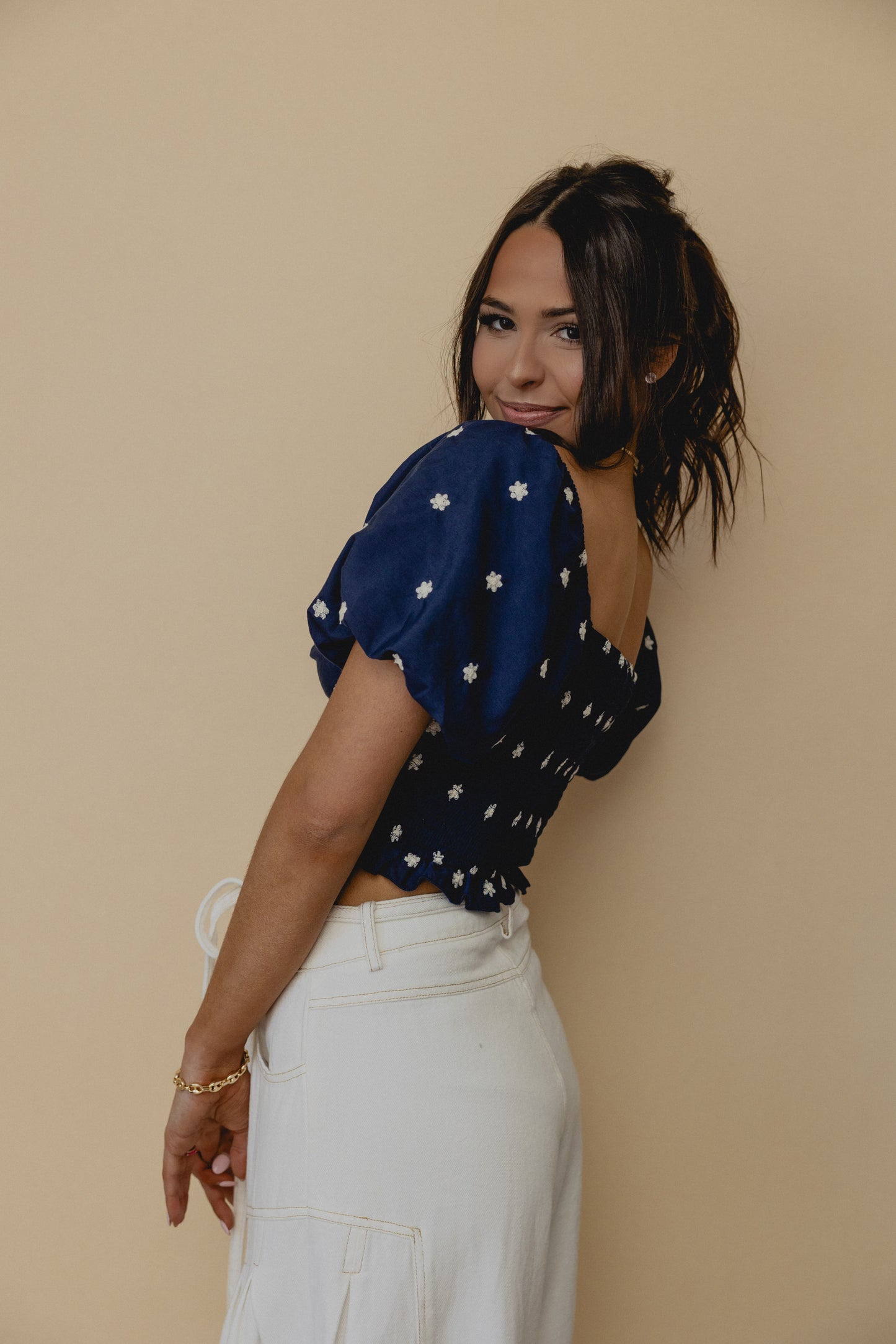 Daisy Crown Embroidered Babydoll Top Navy