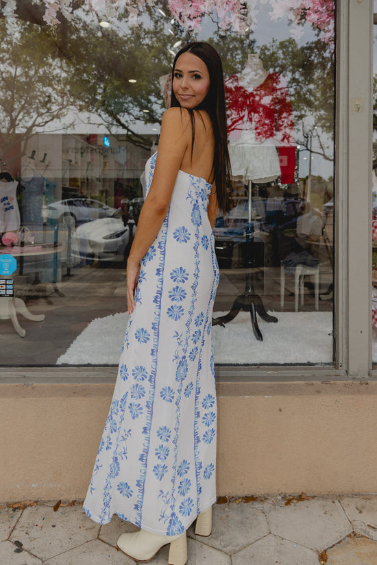Temp Check Strapless Dress Blue/White
