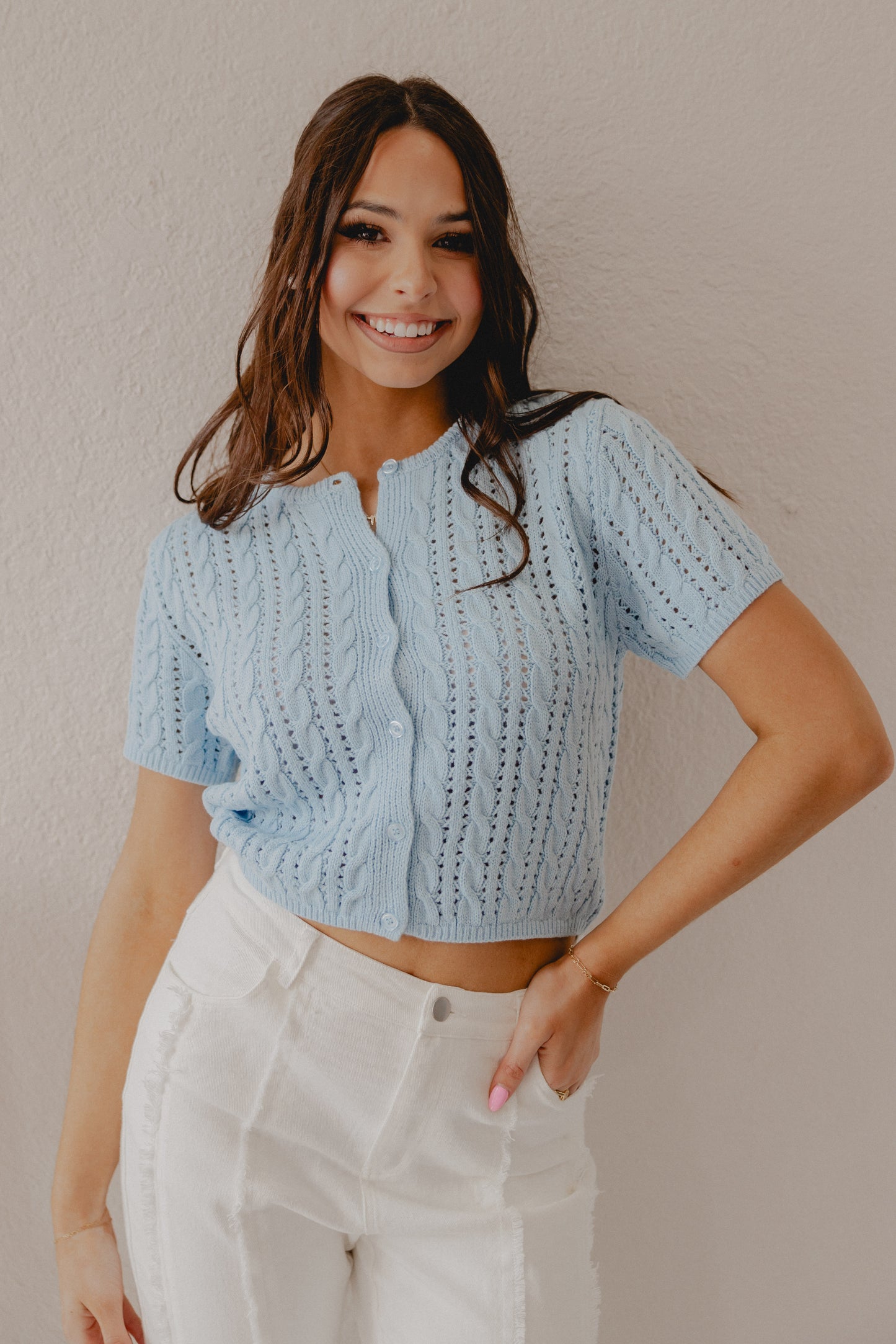 Load image into Gallery viewer, Reid Knit Cardi Top Baby Blue
