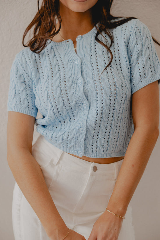 Load image into Gallery viewer, Reid Knit Cardi Top Baby Blue
