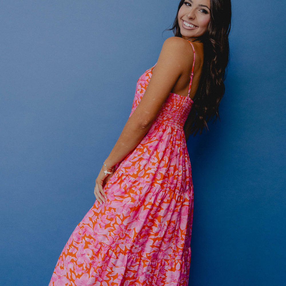 Self Aware Floral Midi Dress Pink/Orange Shoreline Sugars Boutique Self Aware Floral Midi Dress Pink/Orange Shoreline Sugars Boutique