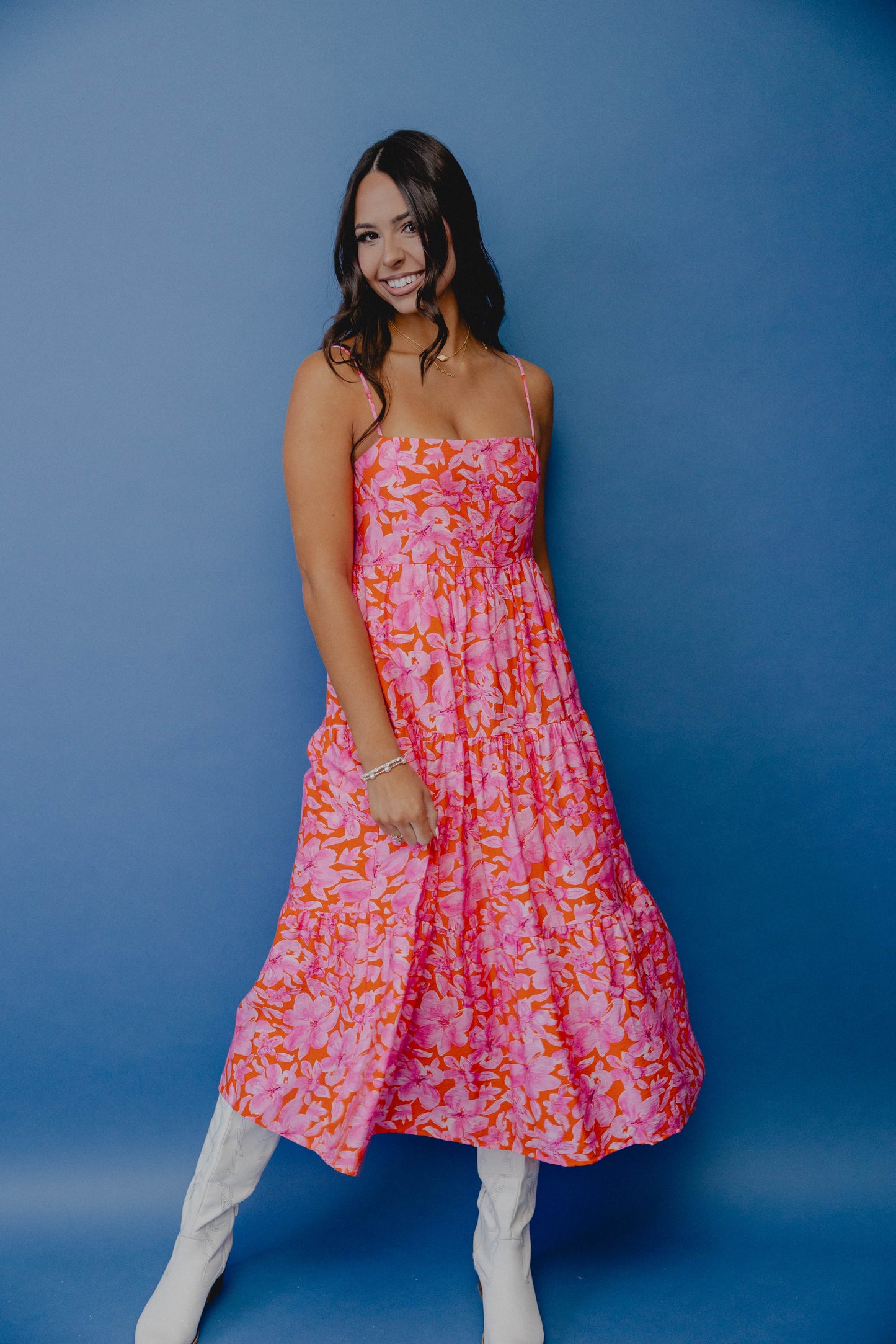 Self Aware Floral Midi Dress Pink/Orange Shoreline Sugars Boutique Self Aware Floral Midi Dress Pink/Orange Shoreline Sugars Boutique