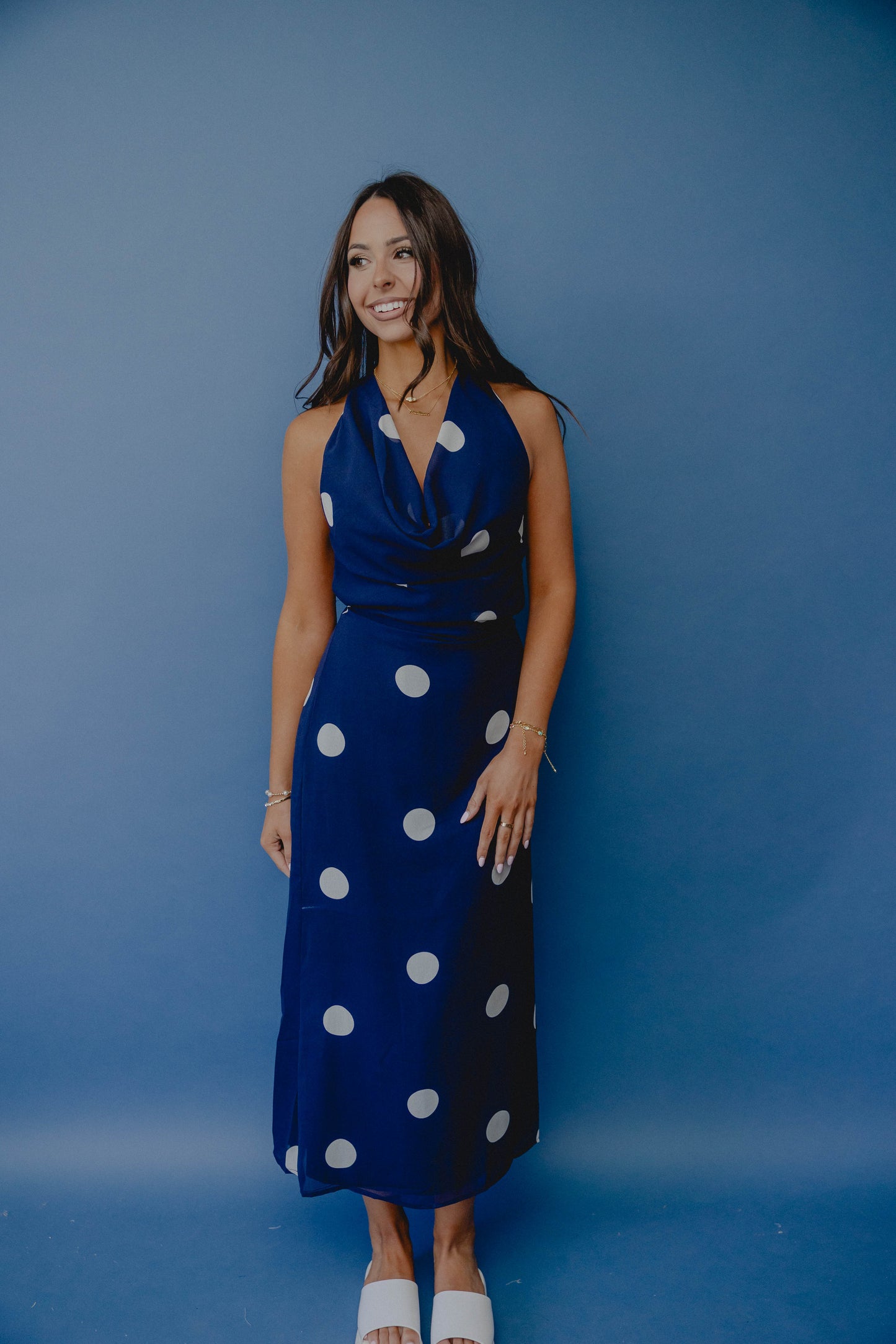 My My My Polka Dot Halter Dress Navy – Shoreline Sugars Boutique