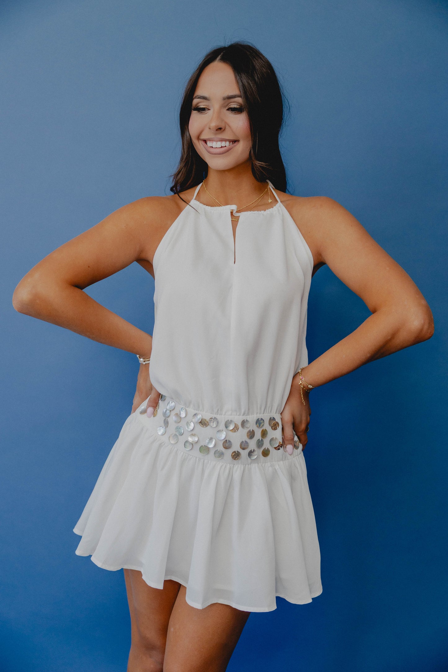 Coolada Shell Trim Halter Dress Ivory – Shoreline Sugars Boutique
