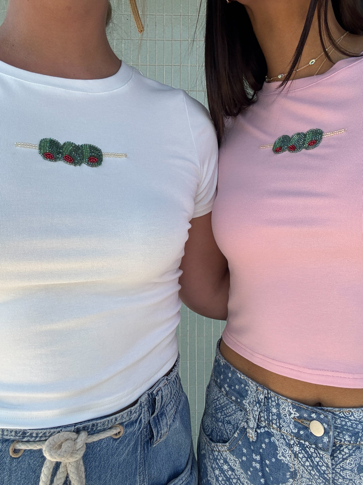 Olive Trio Beaded Tee White