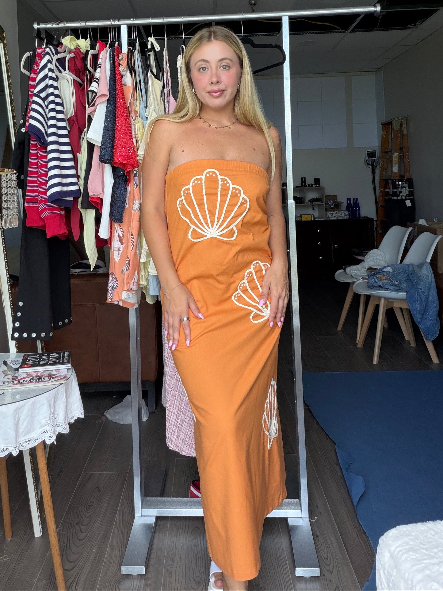 orange shell dress Orange Seashell Backless Maxi Dress | Womens | X-Large (Available in XS, L) | 100% Polyester