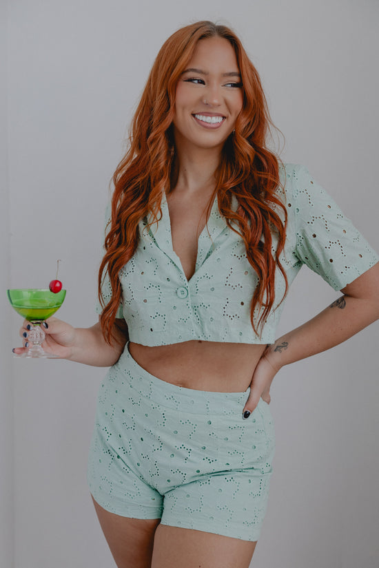 Load image into Gallery viewer, Cocoa Island Eyelet Crop Top Mint
