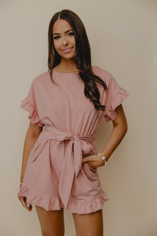 Personality Crisis Ruffle Romper Rose
