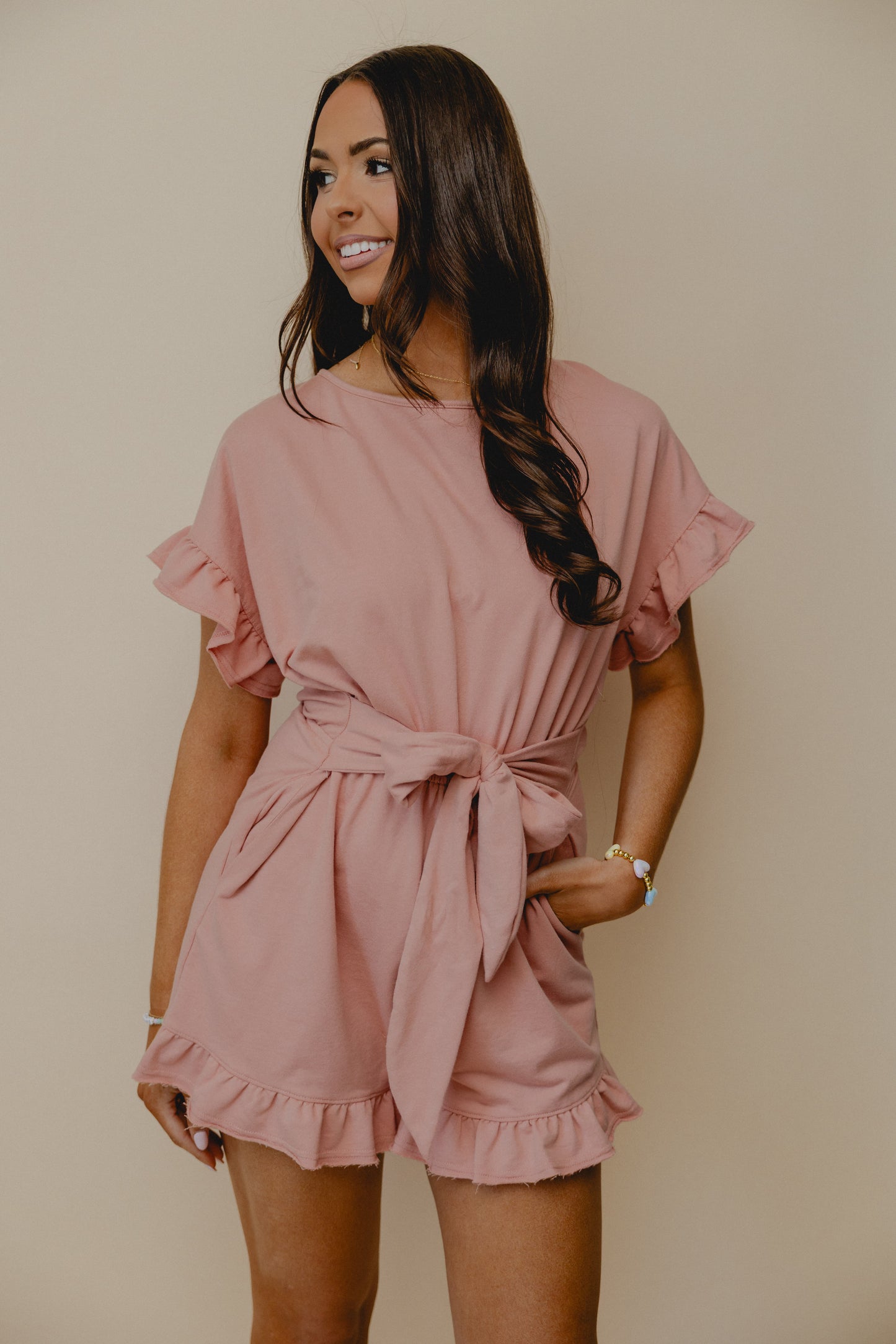 Personality Crisis Ruffle Romper Rose