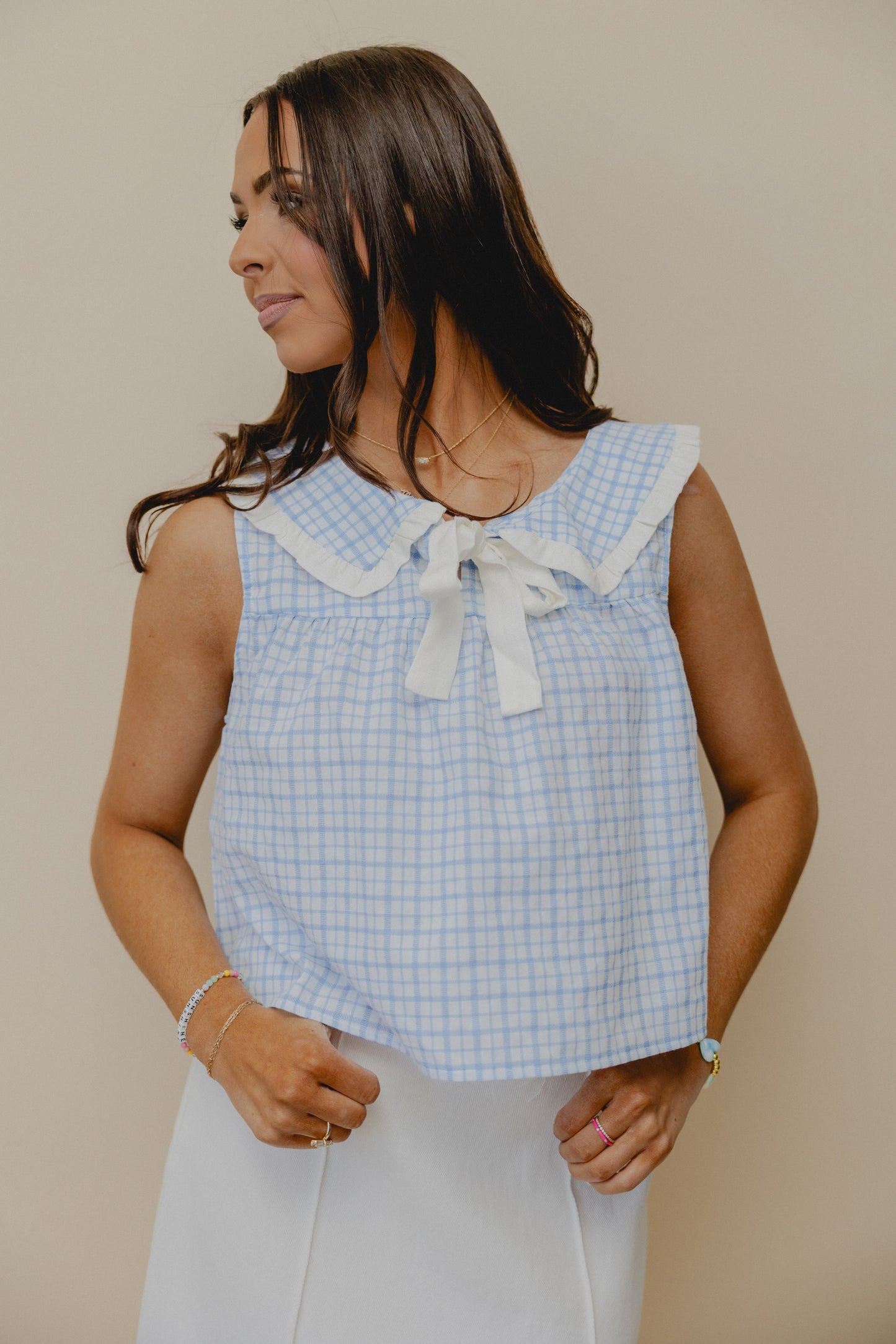 Side Saddle Ribbon Tie Top Blue