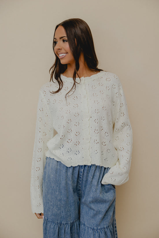 Quinn Scallop Edge Cardigan White