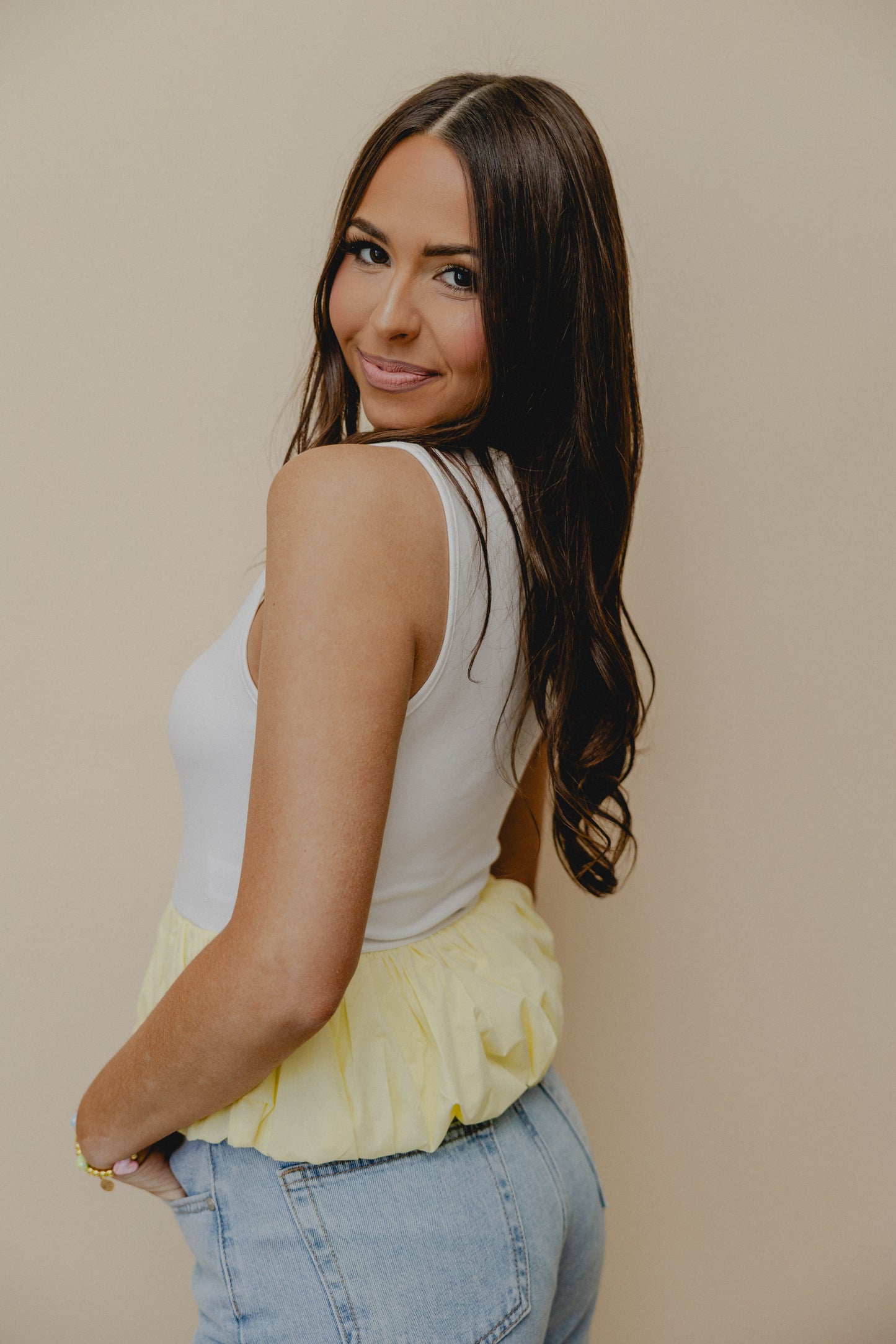 Uptown Funk Ruffle Tank White/Yellow
