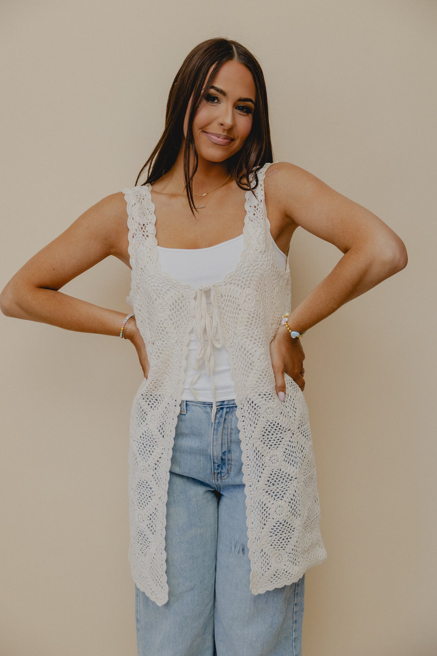 Fell For You Crochet Tie Cardigan Cream