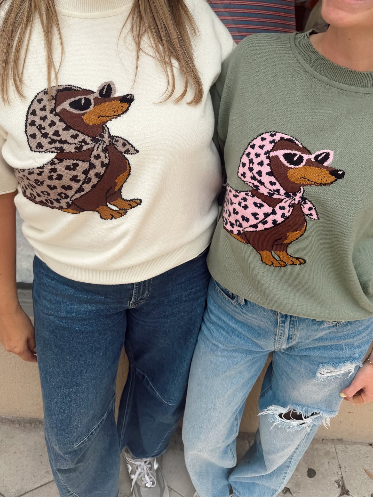 Two women standing side-by-side wearing matching graphic t-shirts. The woman on the left wears a cream-colored t-shirt with a brown dachshund wearing sunglasses and a black-and-white spotted scarf.