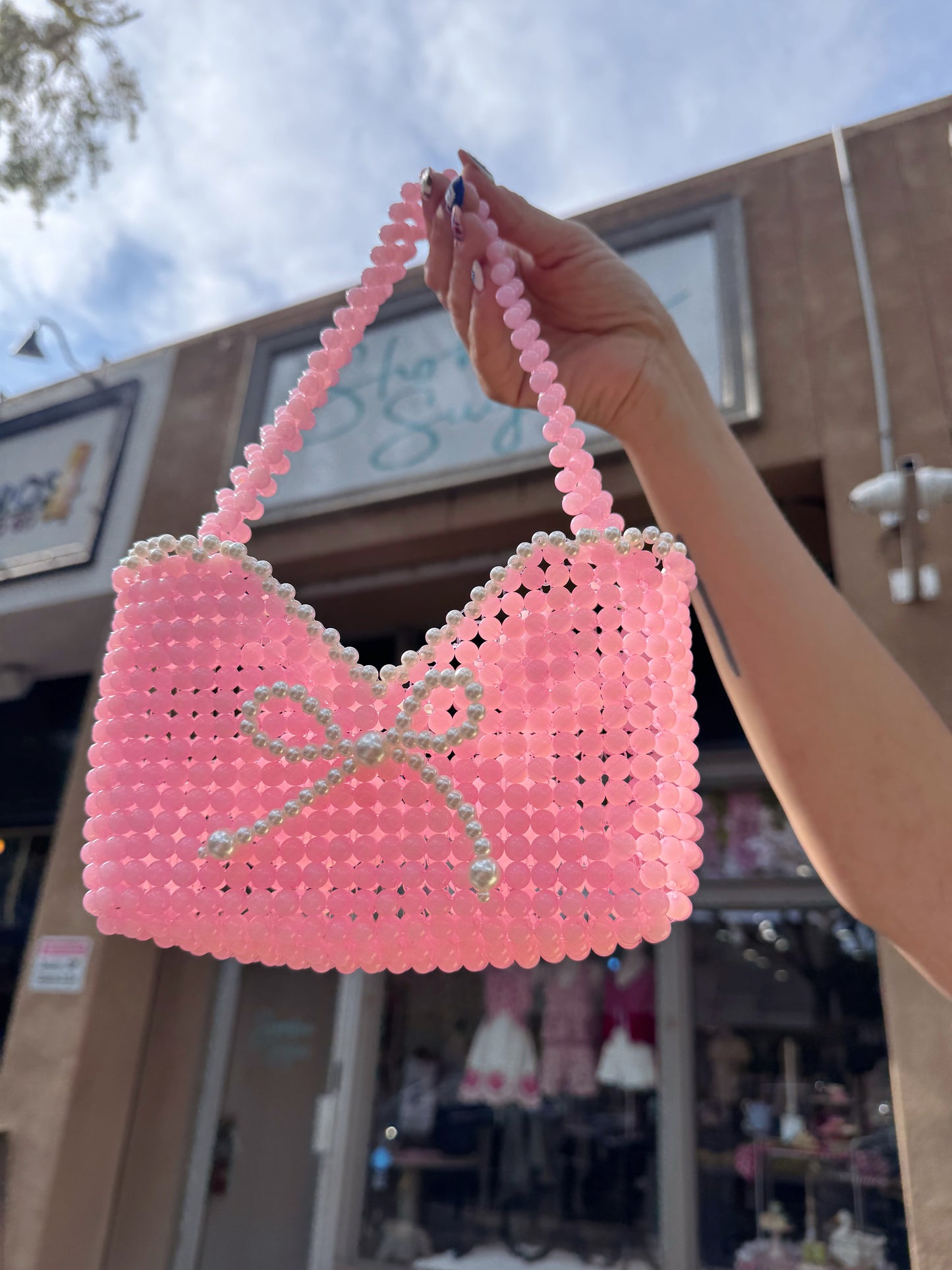 Bow Beaded Mini Tote Pink